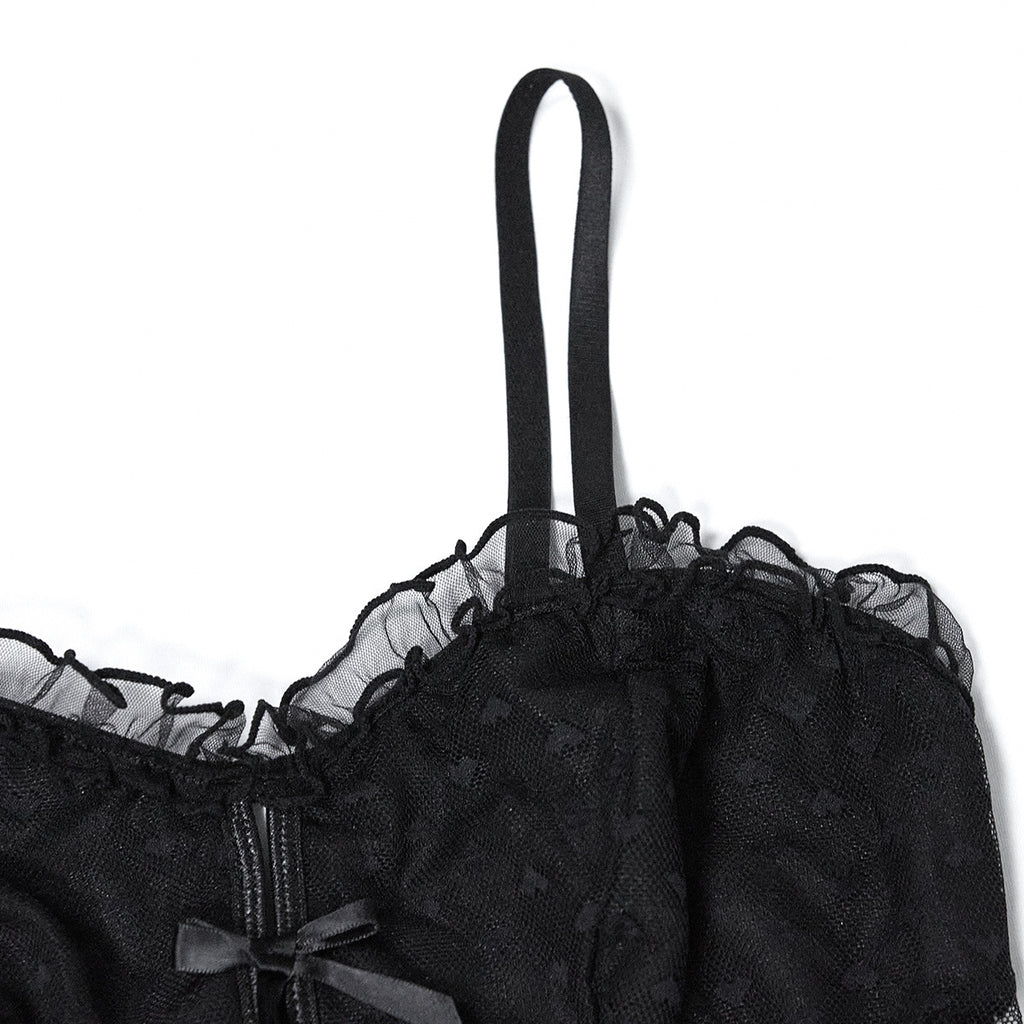 Elegant Garter Bodysuit with Love-Spotted Mesh Bra Display