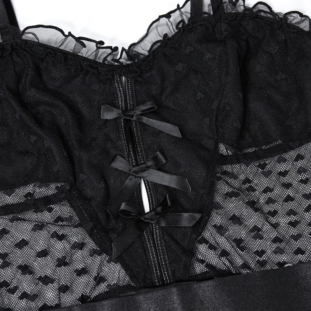 Elegant Garter Bodysuit with Love-Spotted Mesh Bra Show